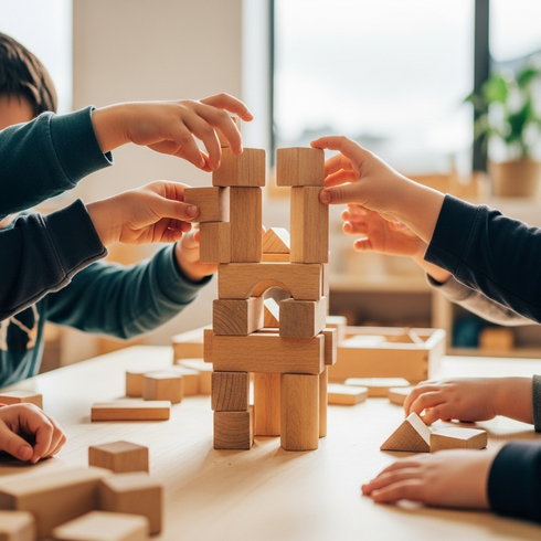 img_001_feature_image Children's hands collaboratively building with wooden blocks, demonstrating social skill development at Sunshine Coast early learning centre