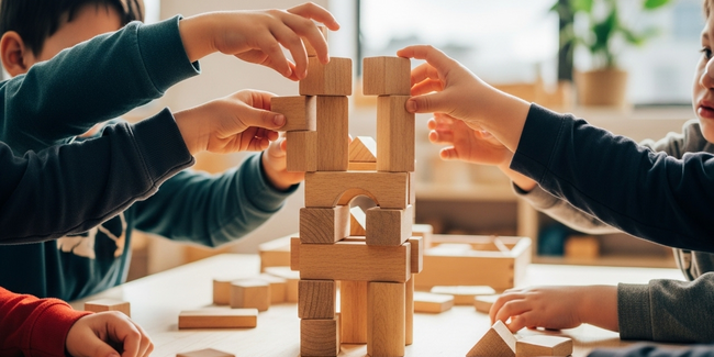 Children's hands collaboratively building with wooden blocks, demonstrating social skill development at Sunshine Coast early learning centre
