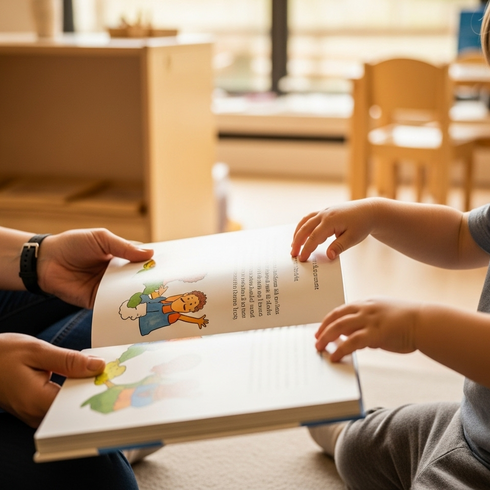 img_001_feature_image Educator and toddler sharing a picture book during storytelling time at Sunshine Coast early learning centre