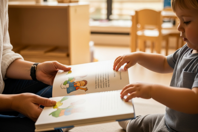 Educator and toddler sharing a picture book during storytelling time at Sunshine Coast early learning centre