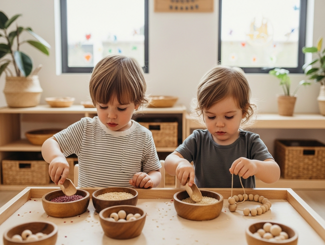 Two toddlers engaged in parallel play with sensory materials, demonstrating natural developmental progression at early learning centre
