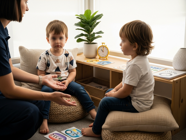Qualified educator guiding preschoolers through conflict resolution in calm learning environment at Sunshine Coast childcare centre