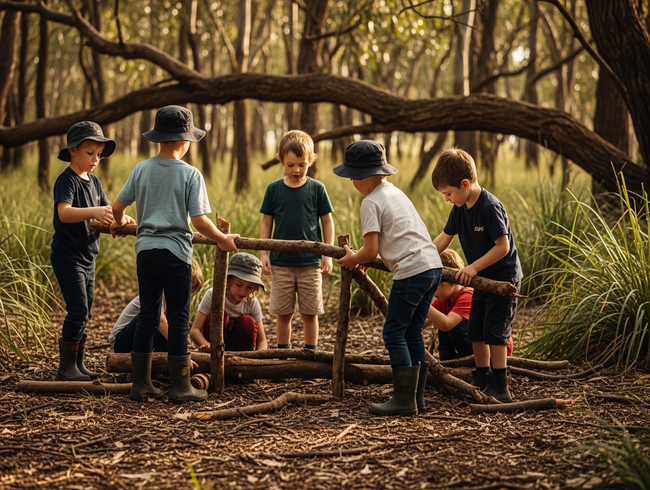Children collaborating with natural materials in bushland environment, demonstrating outdoor learning at Sunshine Coast early learning centre