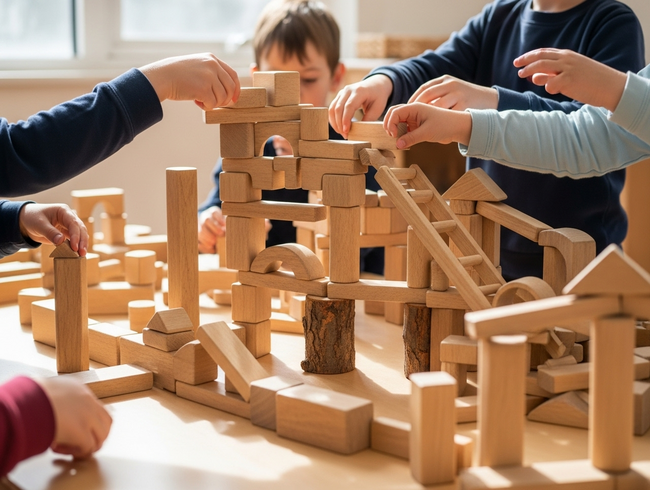 Children celebrating completed collaborative construction project, demonstrating advanced cooperative play skills and school readiness