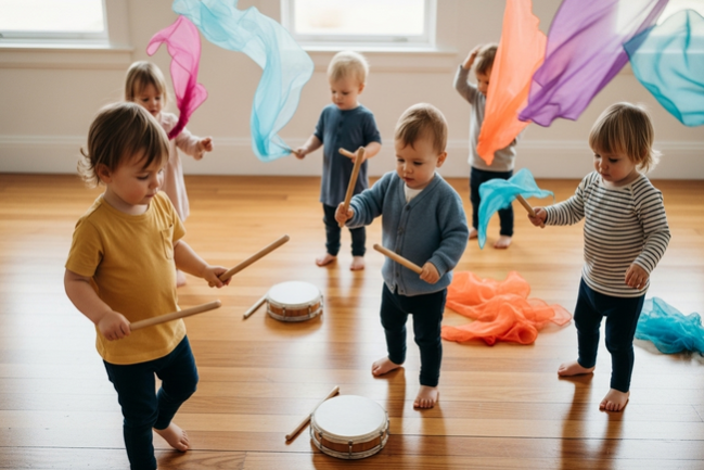 Toddlers developing motor skills and brain connections through music and movement activities at Sunshine Coast early learning centre