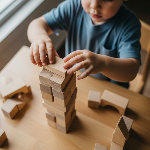 Toddler developing fine motor skills and problem-solving through construction play at Sunshine Coast early learning centre