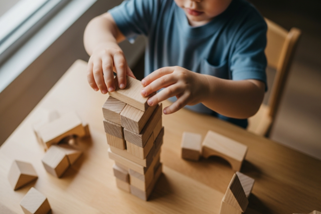 Toddler developing fine motor skills and problem-solving through construction play at Sunshine Coast early learning centre