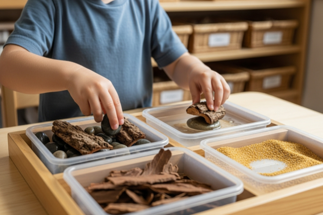 Child exploring natural sensory materials at Sunshine Coast early learning centre, developing neural pathways through hands-on play