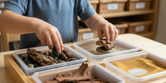 Child exploring natural sensory materials at Sunshine Coast early learning centre, developing neural pathways through hands-on play