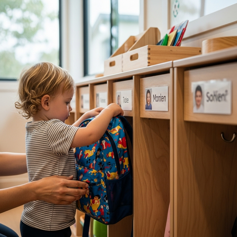 img_001_feature_image Child placing backpack in organized cubby during morning routine at Sunshine Coast early learning centre