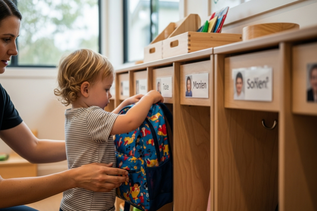 Child placing backpack in organized cubby during morning routine at Sunshine Coast early learning centre
