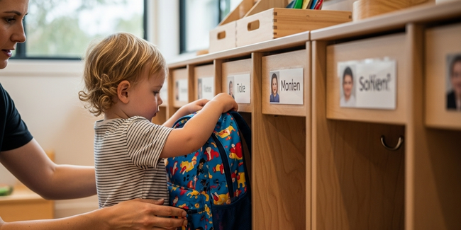 Child placing backpack in organized cubby during morning routine at Sunshine Coast early learning centre