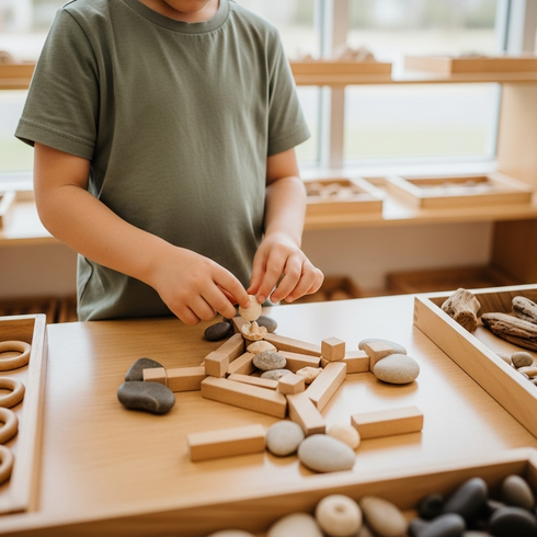 Child developing fine motor skills and pattern recognition through natural material play at Sunshine Coast early learning centre