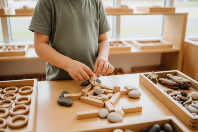 Child developing fine motor skills and pattern recognition through natural material play at Sunshine Coast early learning centre