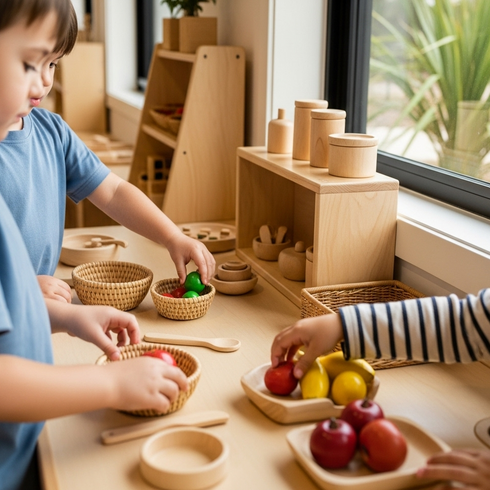 img_001_feature_image Children engage in dramatic play with natural materials at a modern Sunshine Coast early learning centre, demonstrating cognitive development through imaginative scenarios