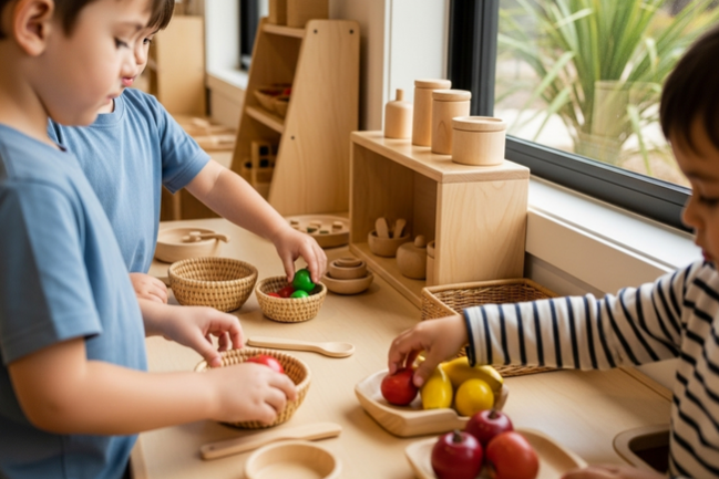 Children engage in dramatic play with natural materials at a modern Sunshine Coast early learning centre, demonstrating cognitive development through imaginative scenarios