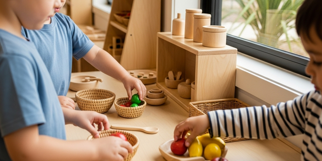 Children engage in dramatic play with natural materials at a modern Sunshine Coast early learning centre, demonstrating cognitive development through imaginative scenarios