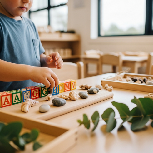 Child develops early literacy skills through natural play-based learning at Sunshine Coast early learning centre