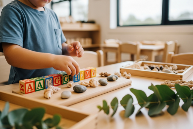 Child develops early literacy skills through natural play-based learning at Sunshine Coast early learning centre