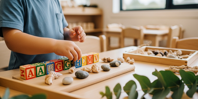 Child develops early literacy skills through natural play-based learning at Sunshine Coast early learning centre