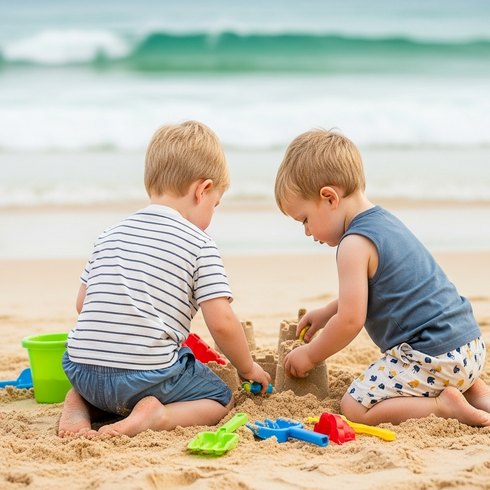 Two toddlers collaboratively building a sandcastle at a Sunshine Coast beach, demonstrating social skill development through natural play