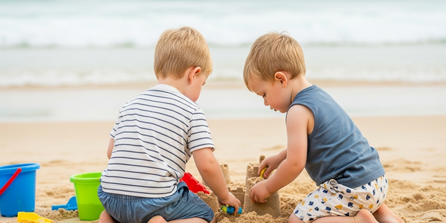 Two toddlers collaboratively building a sandcastle at a Sunshine Coast beach, demonstrating social skill development through natural play