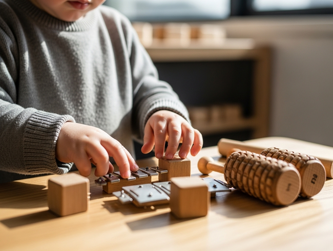 Toddler hands exploring natural musical instruments to develop neural pathways through sensory play