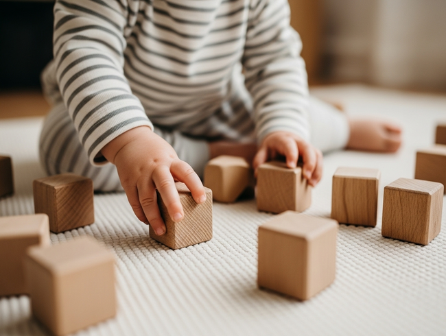 Young toddler exploring natural wooden blocks in sensory discovery play at early learning centre