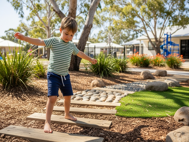 Preschooler developing sensory integration skills on textured pathway at Queensland early learning centre