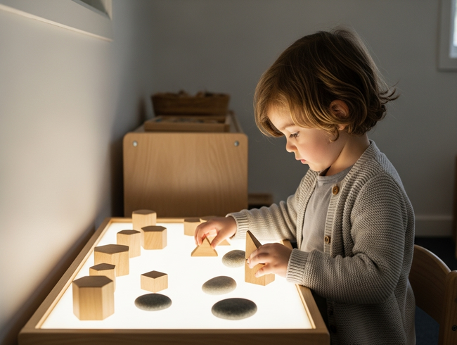 Child in calm, focused state arranging learning materials in peaceful early learning environment