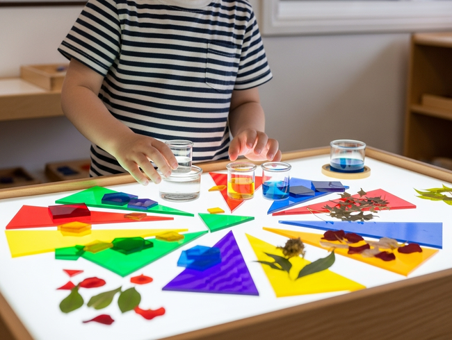 Child exploring light and color through sensory play developing scientific thinking skills at early learning centre