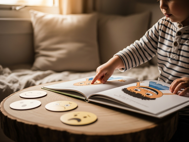 Child developing emotional recognition skills through interactive storytelling at early learning centre