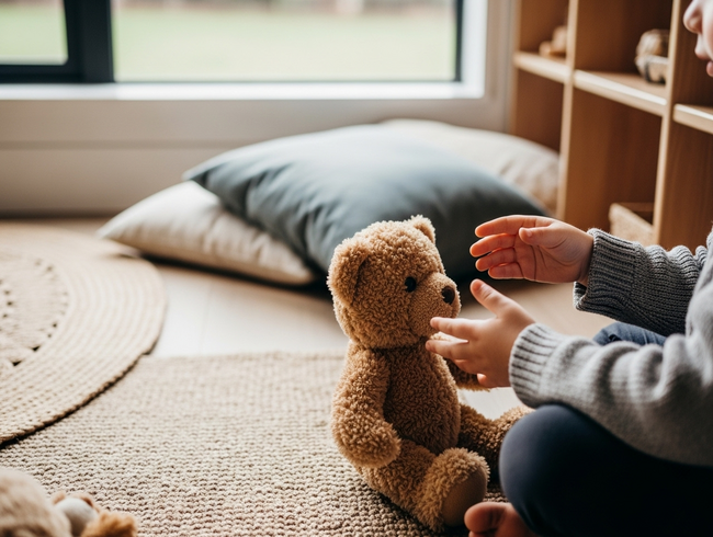 A child engages in meaningful dramatic play conversation with a teddy bear, demonstrating emotional and cognitive development through imaginative interaction