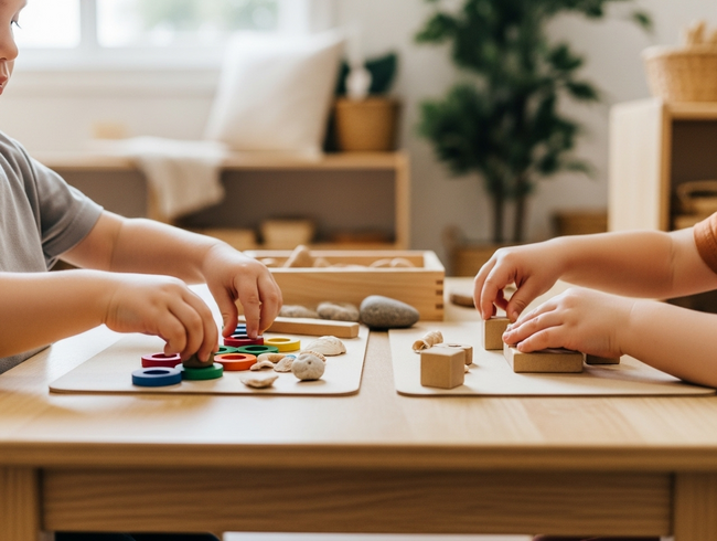Toddler hands engaged in parallel play activities at a modern early learning centre on the Sunshine Coast