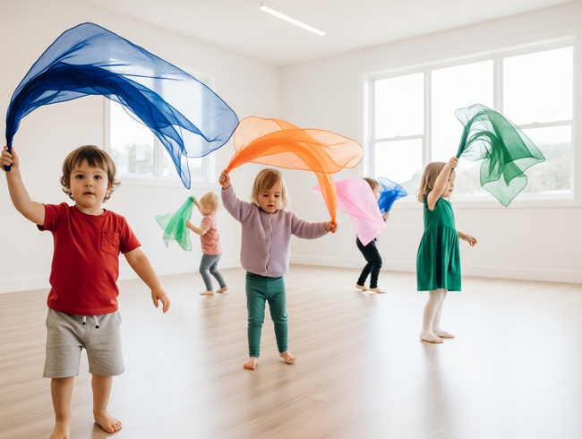 Toddlers developing gross motor skills and creative expression through scarf dancing at early learning centre