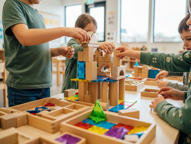 Children developing social skills and teamwork through collaborative construction play at quality childcare centre