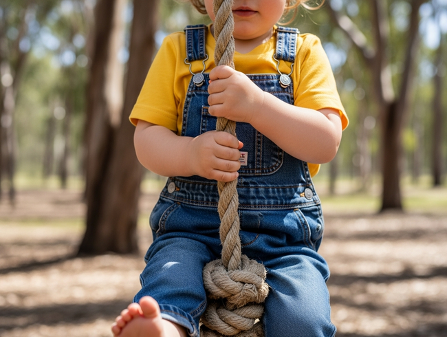 Toddler developing proprioceptive awareness and motor skills through rope swing play at early learning centre