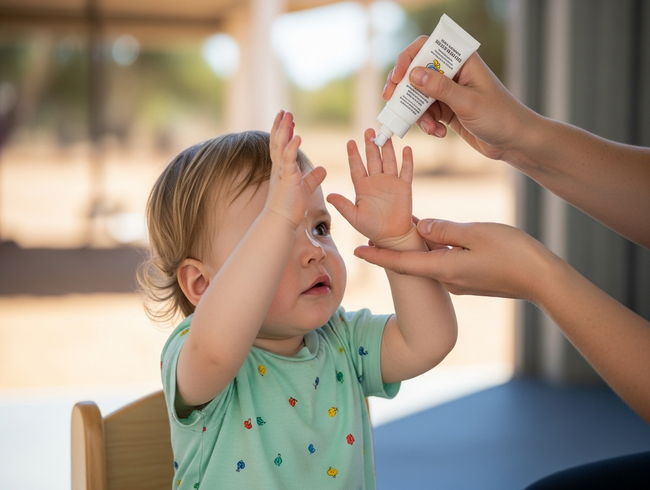 Caring educator applying sunscreen to child in trusting routine interaction at quality childcare centre