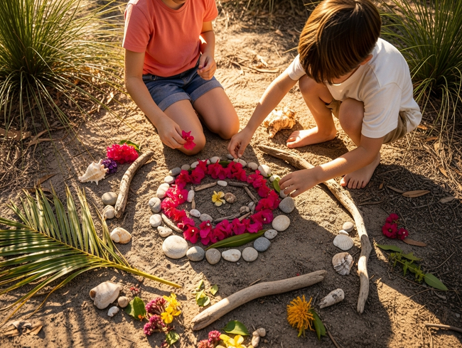 Children creating nature art outdoors developing environmental awareness and collaborative skills in Sunshine Coast setting