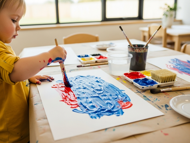 Child expressing emotions through therapeutic art activities in professional early learning environment