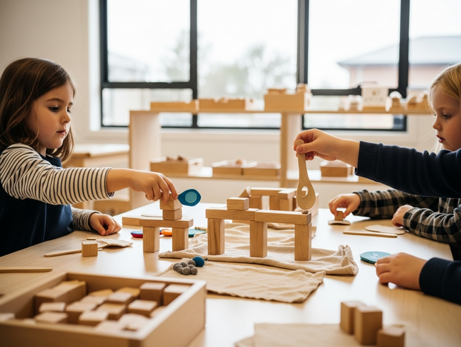 Children demonstrate symbolic thinking and problem-solving skills through collaborative dramatic play with natural materials in a modern early learning environment