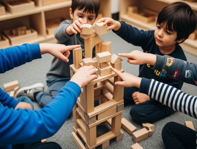 Children's hands collaboratively building with wooden blocks, demonstrating cooperation and turn-taking skills at an early learning centre
