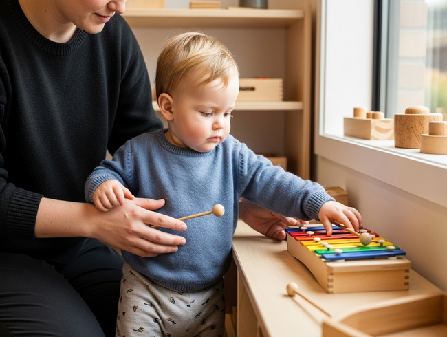 Early childhood educator providing gentle support as toddler explores musical instruments with confidence building