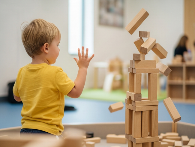 Toddler learning cause and effect through construction play deconstruction at developmental childcare centre