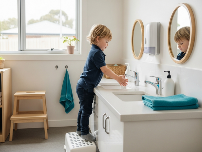 Independent child washing hands in thoughtfully designed early learning environment promoting competence