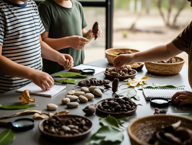 Children explore natural materials from the Sunshine Coast environment, developing scientific thinking and environmental connection through nature-based dramatic play