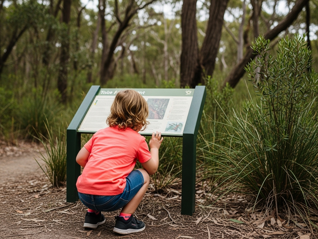 Child explores environmental print during nature-based learning experience on the Sunshine Coast