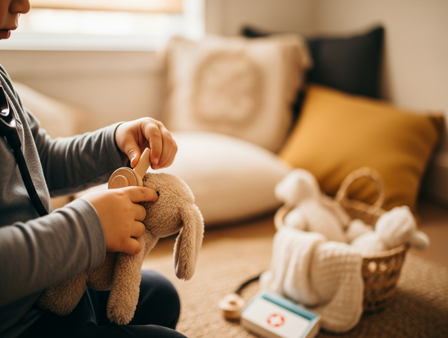 Child's hands gently caring for a stuffed animal, demonstrating empathy development through nurturing play at an early learning centre