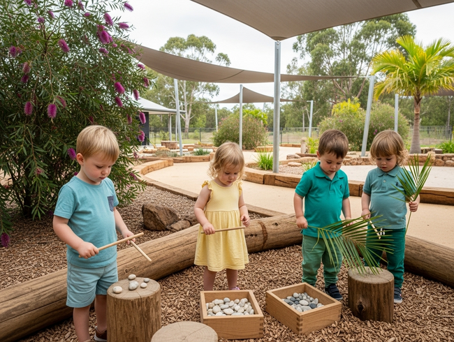 Children exploring natural music making in purpose-built outdoor learning environment with Queensland native plants