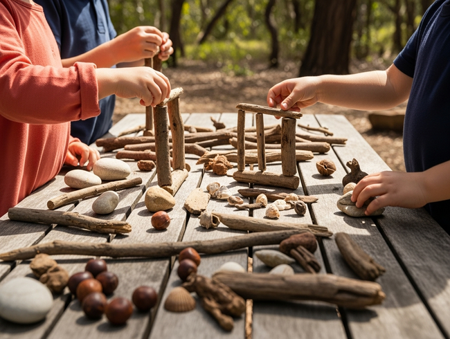 Children exploring natural construction materials in outdoor learning environment inspired by Sunshine Coast nature